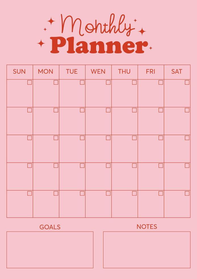 vektor en gång i månaden planerare mall, mål, anteckningar, anteckningsbok sida, rosa bakgrund, retro mejeri