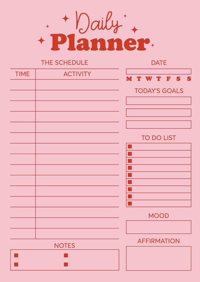 vektor dagligen planerare mall med schema, till do lista, anteckningsbok sida, rosa bakgrund