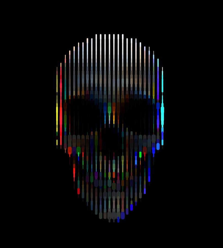vektor linje konst skalle. digital tekniskt fel konst med pixelated Ränder . mörk trogen begrepp med blå neon lysande effekter.