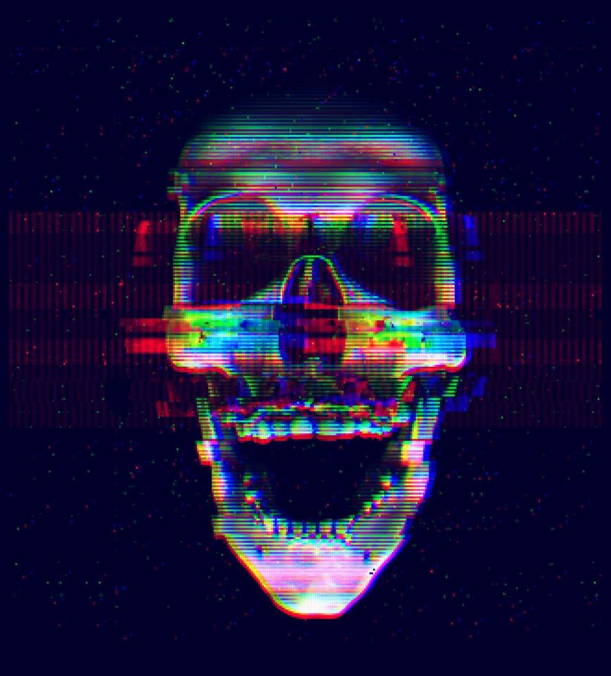 Vektor Illustration von ein verzerrt glitchy Stil Schädel. Digital Panne Kunst mit pixelig bunt Pixel. dunkel, futuristisch Hintergrund mit Blau und violett Neon- glühend Auswirkungen. Cyber Grusel Konzept.