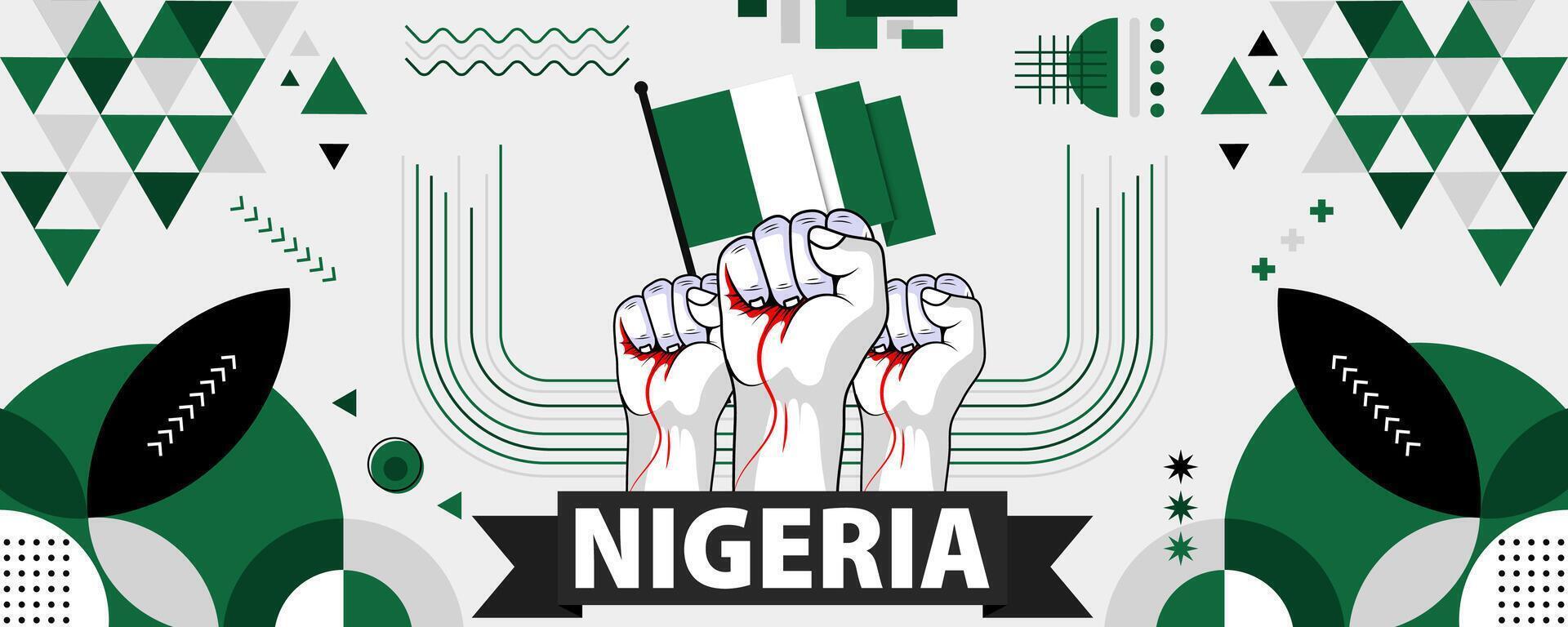 Nigeria National oder Unabhängigkeit Tag Banner zum Land Feier. Flagge von Nigeria mit angehoben Fäuste. modern retro Design mit Typorgaphie abstrakt geometrisch Symbole. Vektor Illustration.