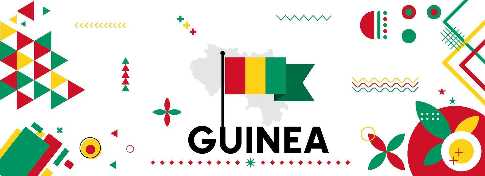 Guinea National oder Unabhängigkeit Tag Banner zum Land Feier. Flagge und Karte von Guinea mit angehoben Fäuste. modern retro Design mit Typorgaphie abstrakt geometrisch Symbole. Vektor Illustration.