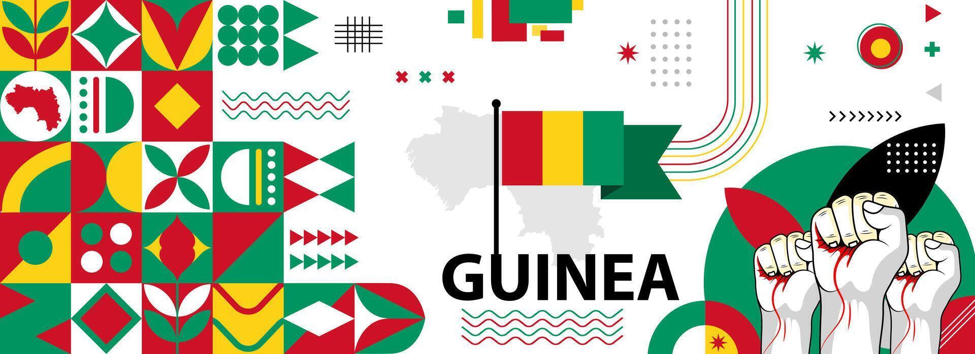 Guinea National oder Unabhängigkeit Tag Banner zum Land Feier. Flagge und Karte von Guinea mit angehoben Fäuste. modern retro Design mit Typorgaphie abstrakt geometrisch Symbole. Vektor Illustration