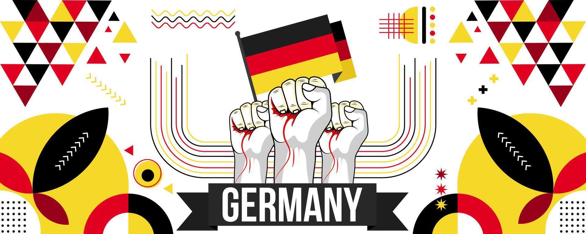 Deutschland National oder Unabhängigkeit Tag Banner zum Land Feier. Flagge von Deutschland mit angehoben Fäuste. modern retro Design mit Typorgaphie abstrakt geometrisch Symbole. Vektor Illustration.