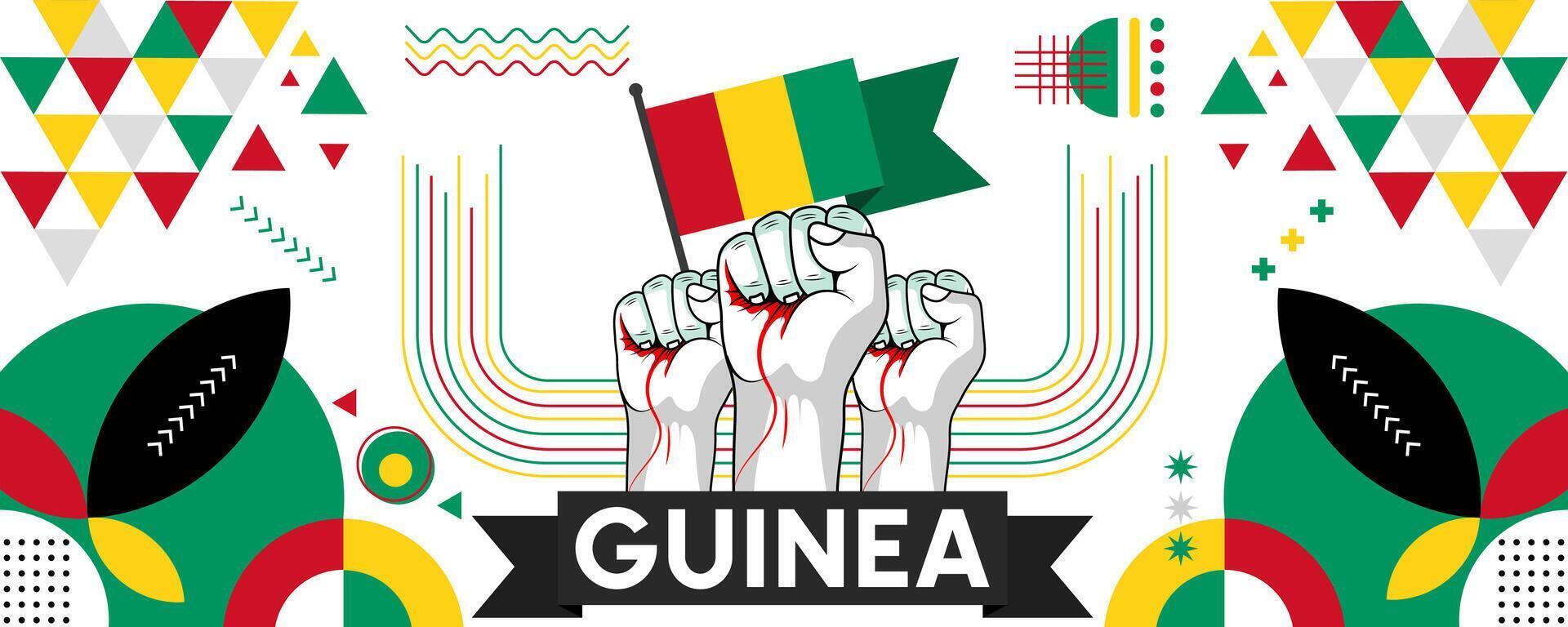 Guinea National oder Unabhängigkeit Tag Banner zum Land Feier. Flagge von Guinea mit angehoben Fäuste. modern retro Design mit Typorgaphie abstrakt geometrisch Symbole. Vektor Illustration.