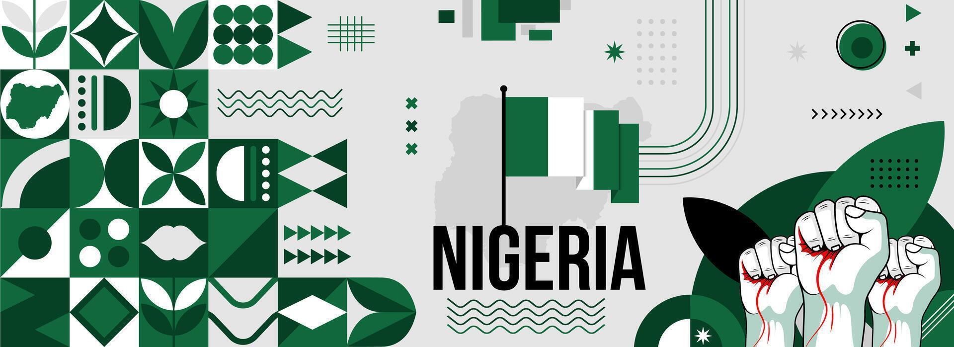 nigeria nationell eller oberoende dag baner för Land firande. flagga och Karta av nigeria med Uppfostrad nävar. modern retro design med typorgaphy abstrakt geometrisk ikoner. vektor illustration