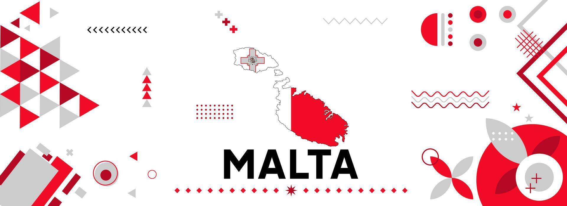 Malta National oder Unabhängigkeit Tag Banner zum Land Feier. Flagge und Karte von Malta mit modern retro Design mit Typorgaphie abstrakt geometrisch Symbole. Vektor Illustration.