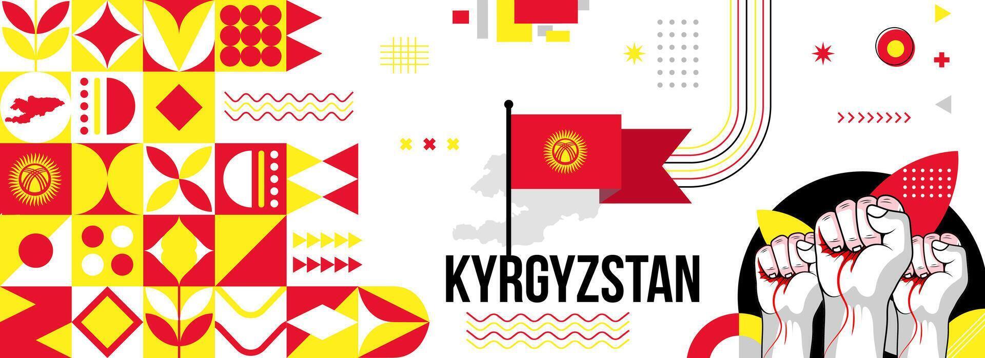 kyrgyzstan nationell eller oberoende dag baner för Land firande. flagga och Karta av kyrgyzstan med Uppfostrad nävar. modern retro design med typorgaphy abstrakt geometrisk ikoner. vektor illustration