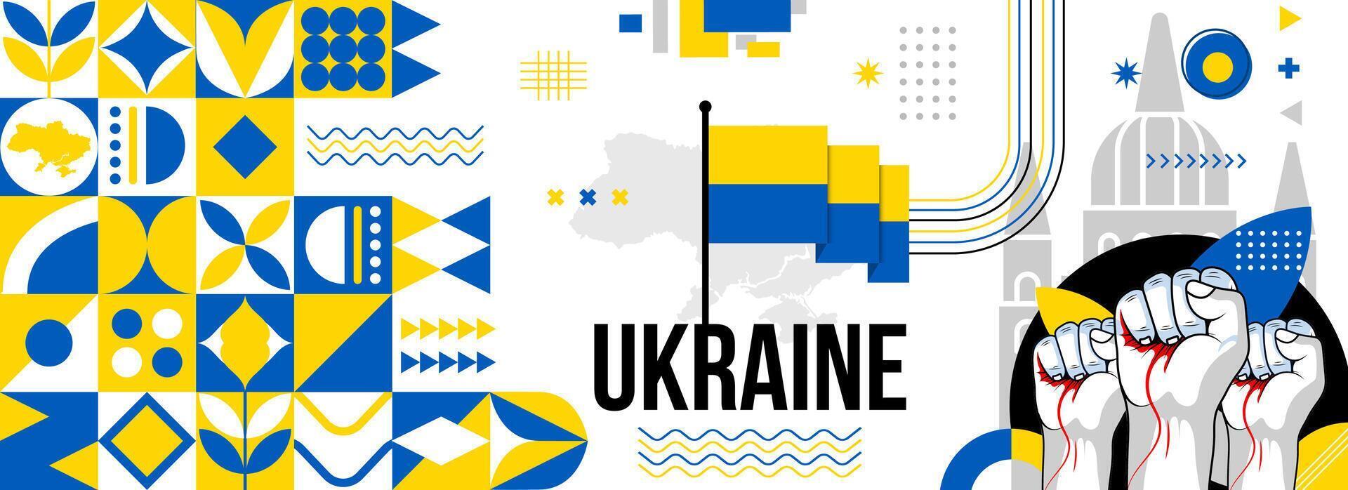 ukraina nationell eller oberoende dag baner för Land firande. flagga och Karta av ukraina med Uppfostrad nävar. modern retro design med typorgaphy abstrakt geometrisk ikoner. vektor illustration