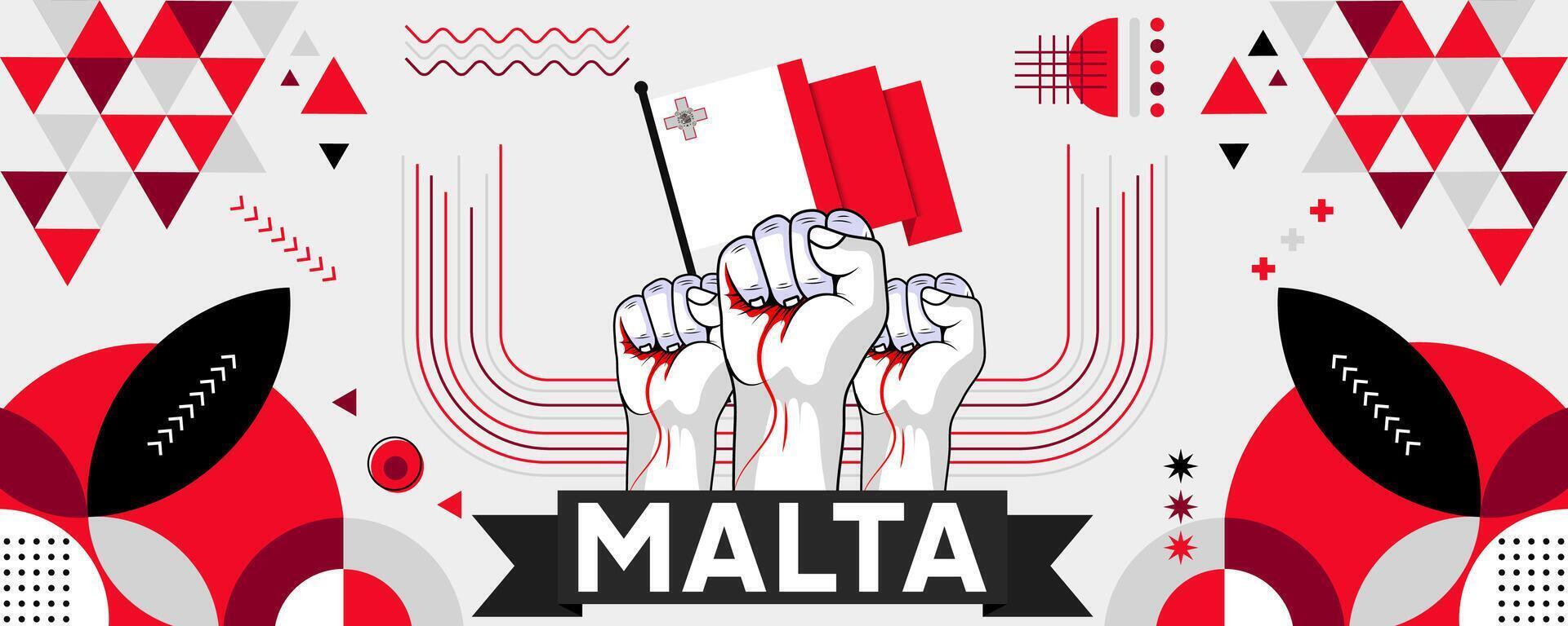 malta nationell eller oberoende dag baner för Land firande. flagga av malta med Uppfostrad nävar. modern retro design med typorgaphy abstrakt geometrisk ikoner. vektor illustration.