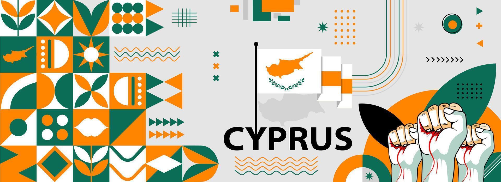 Zypern National oder Unabhängigkeit Tag Banner zum Land Feier. Zypern Flagge Karte mit angehoben Fäuste. modern retro Design mit Typorgaphie abstrakt geometrisch Symbole. Vektor Illustration