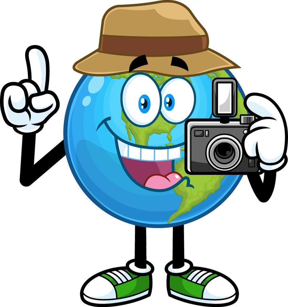 Tourist Erde Globus Karikatur Charakter halten Digital Kamera. Vektor Hand gezeichnet Illustration