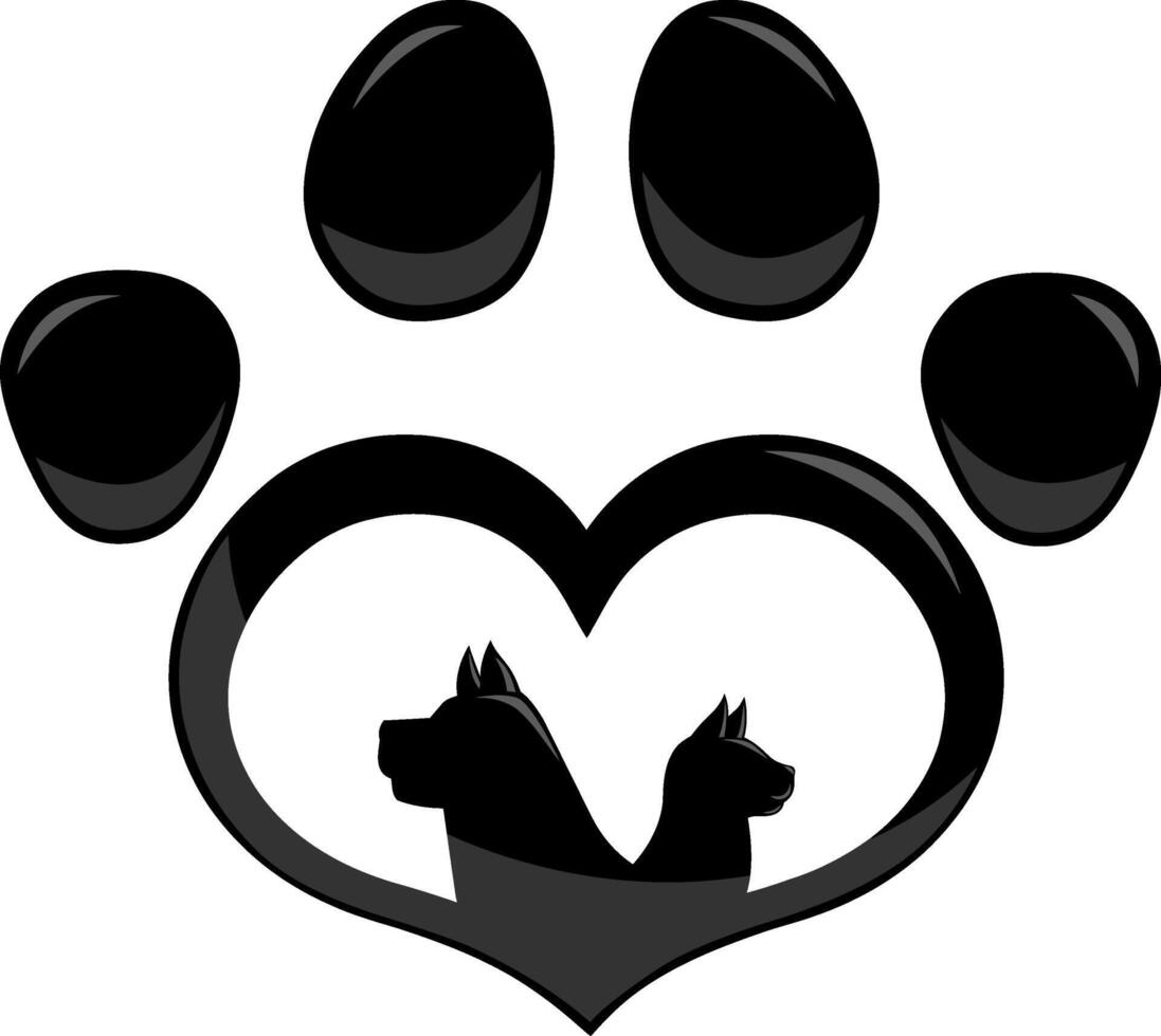 schwarz Liebe Pfote drucken Logo mit Hund und Katze Silhouette eben Design. Vektor Illustration isoliert auf Weiß Hintergrund