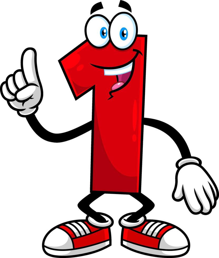 komisch rot Nummer einer 1 Karikatur Charakter zeigen Hand Nummer einer vektor