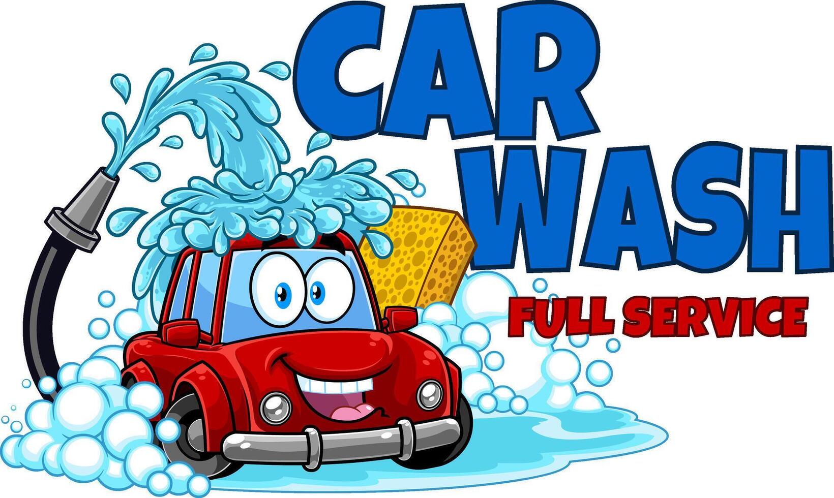 Automobil Karikatur Charakter Waschen selbst Über Auto waschen. Vektor Hand gezeichnet Illustration isoliert auf transparent Hintergrund mit Text