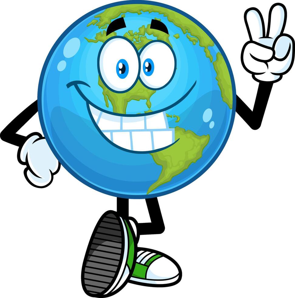 lächelnd Erde Globus Karikatur Charakter zeigen Frieden Hand unterzeichnen. Vektor Hand gezeichnet Illustration isoliert auf transparent Hintergrund
