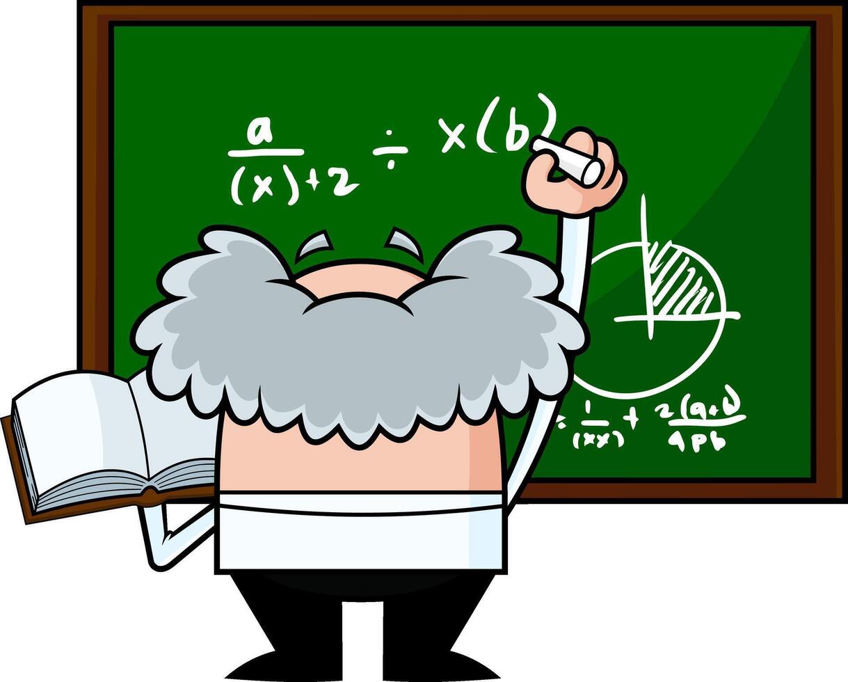 komisch Wissenschaft Professor Karikatur Charakter mit ein Lehrbuch schreibt Komplex Formeln auf Tafel vektor