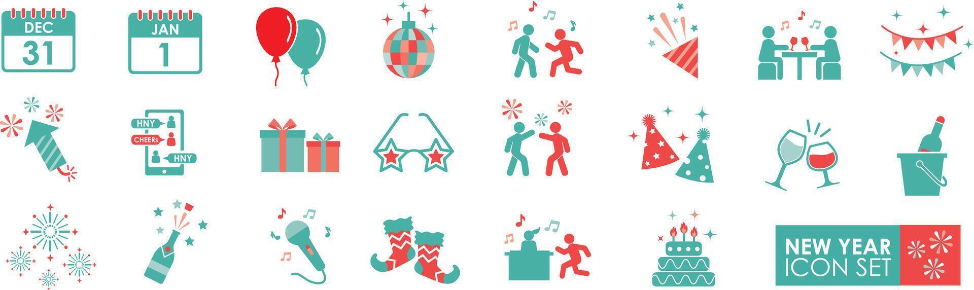 Neu Jahr solide Symbole Vektor Sammlung. enthält Feierlichkeiten, Feuerwerk, Sekt, Flaggen, Beifall, Parteien, Geschenke, Sekt, Überraschungen, Veranstaltungen, und Luftballons.
