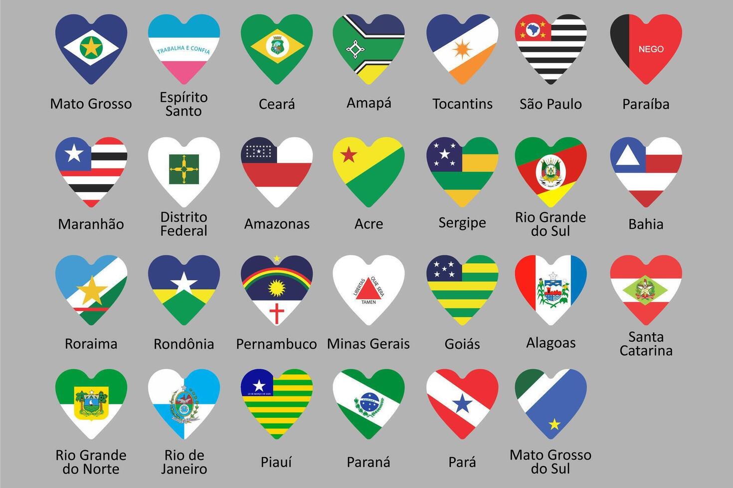 vektor uppsättningar av flaggor i hjärta form med namn av Allt stater av Brasilien