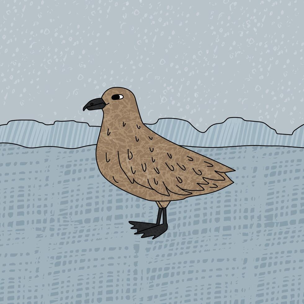 Skua Vogel ist auf das Schnee. Vektor Hand gezeichnet Karikatur kindisch Illustration auf das Blau Hintergrund. Polar- Tier im Antarktis mit Texturen