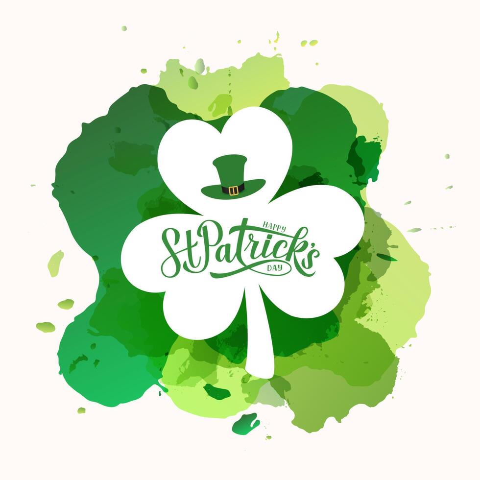 glücklich st. Patricks Tag Kalligraphie Hand Beschriftung und Kleeblatt auf Farbe Flecken Hintergrund. Heilige Patricks Tag Gruß Karte. einfach zu bearbeiten Vektor Vorlage zum Party Einladung, Banner, Poster, Flyer.