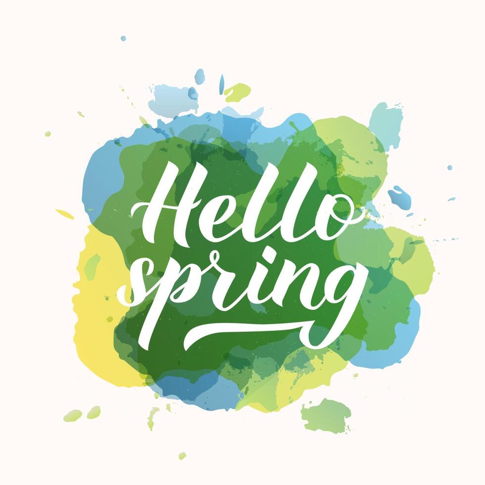 Hallo Frühling Kalligraphie Hand Beschriftung auf bunt Aquarell Flecken. inspirierend saisonal Zitat Typografie Poster. Vektor Illustration. einfach zu bearbeiten Vorlage zum Banner, Flyer, Abzeichen.