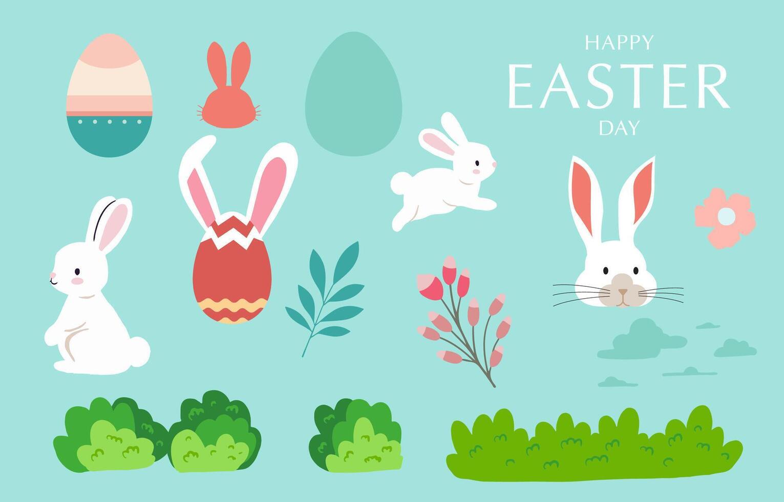 samling av påsk objekt uppsättning med kanin och ägg i trädgård redigerbar vektor illustration för klistermärke vykort