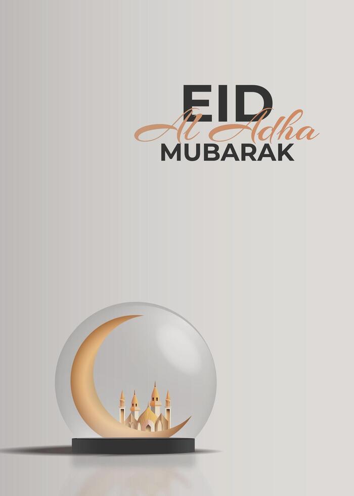 eid al Adha mubarak hälsning kort med en moské och halvmåne i en kristall boll 3d vektor