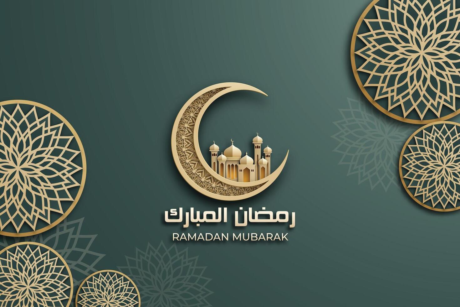 Ramadan Mubarak Poster mit ein 3d Papierschnitt Design mit islamisch Laternen, Moschee, mandala, und ein Halbmond Mond. luxuriös Grün Farbe zu erstellen ein elegant und festlich Atmosphäre. vektor