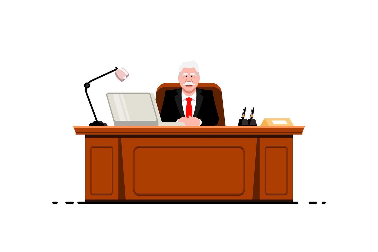 Senior Geschäft Boss Sitzung beim seine Schreibtisch auf isoliert Hintergrund, Vektor Illustration.