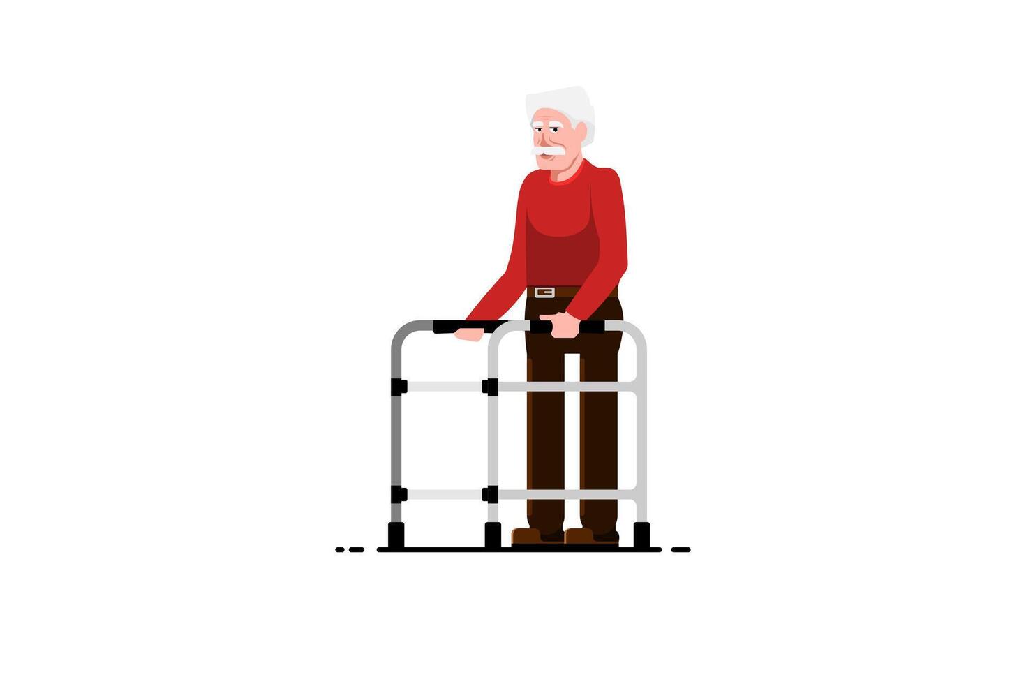 gammal man stående med medicinsk rollator Stöd på isolerat bakgrund, vektor illustration.