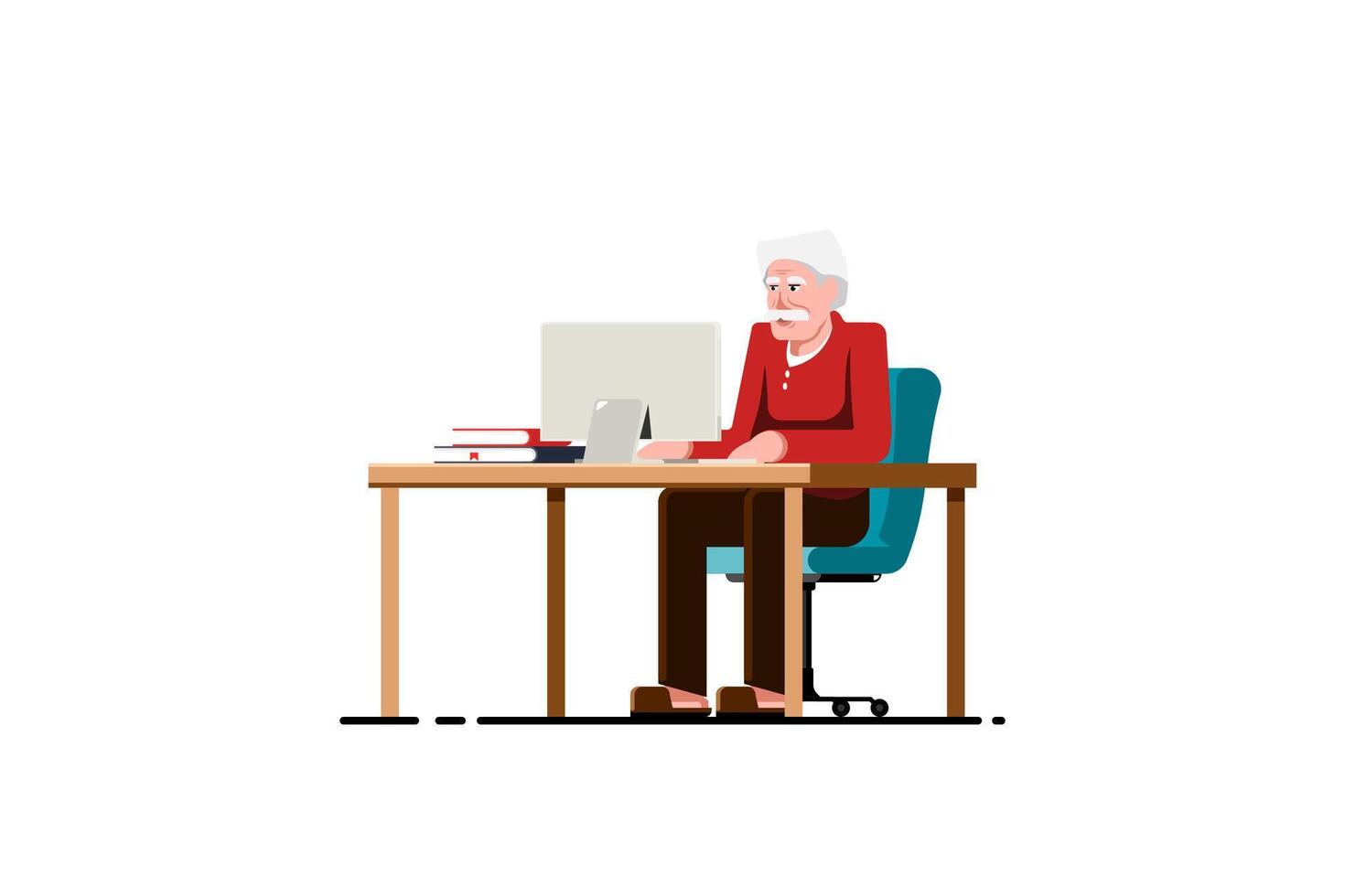 alt Mann mit Computer auf Tisch, mit Computer zum Bildung und Vergnügen auf isoliert Hintergrund, Vektor Illustration.