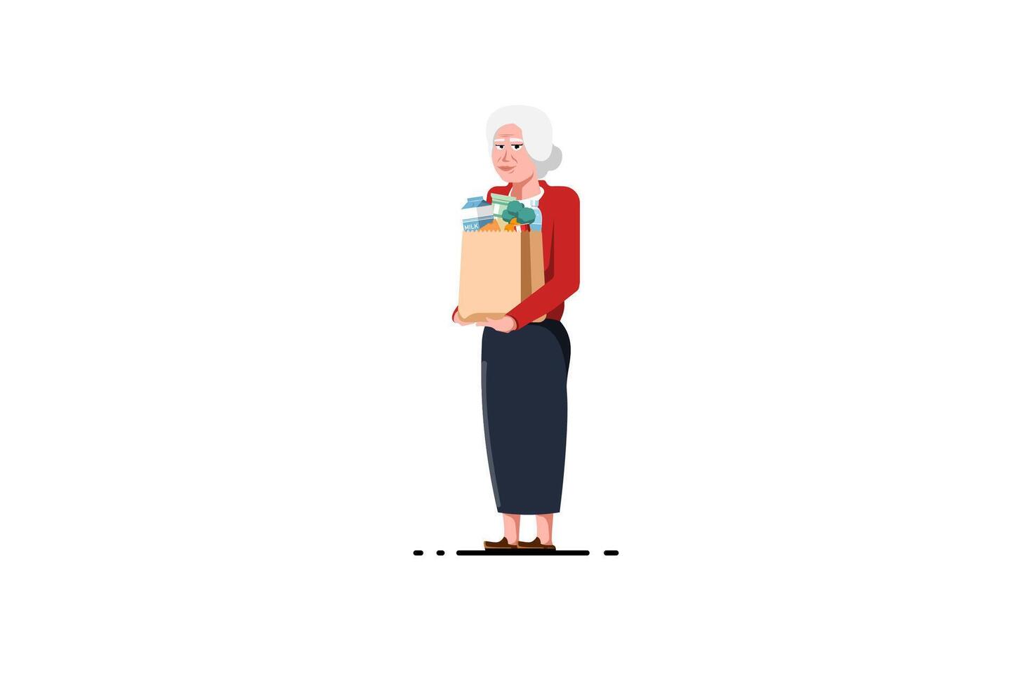 gammal kvinna stående bärande matvaror påsar på isolerat bakgrund, vektor illustration.
