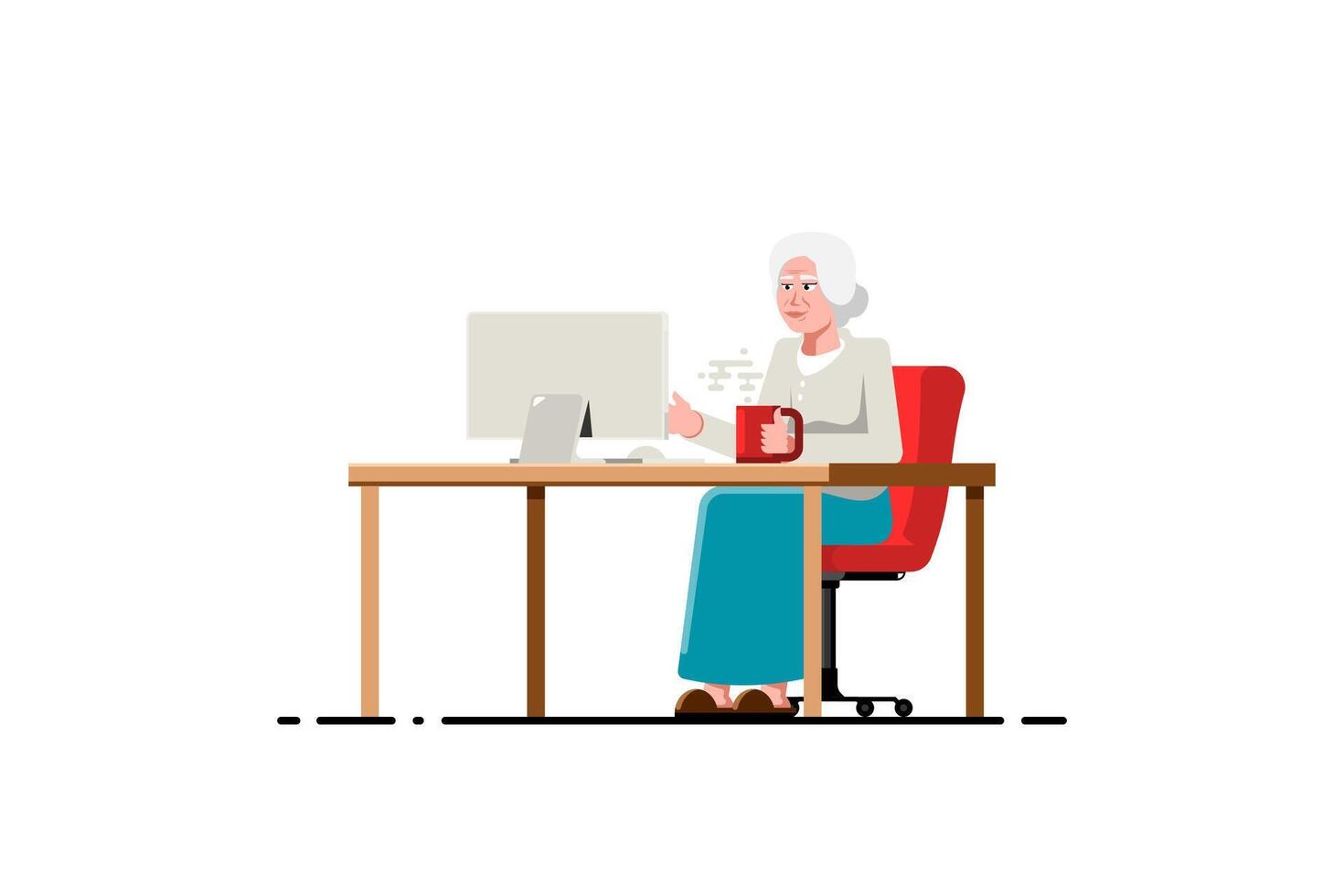 gammal kvinna använder sig av dator på isolerat bakgrund, vektor illustration.