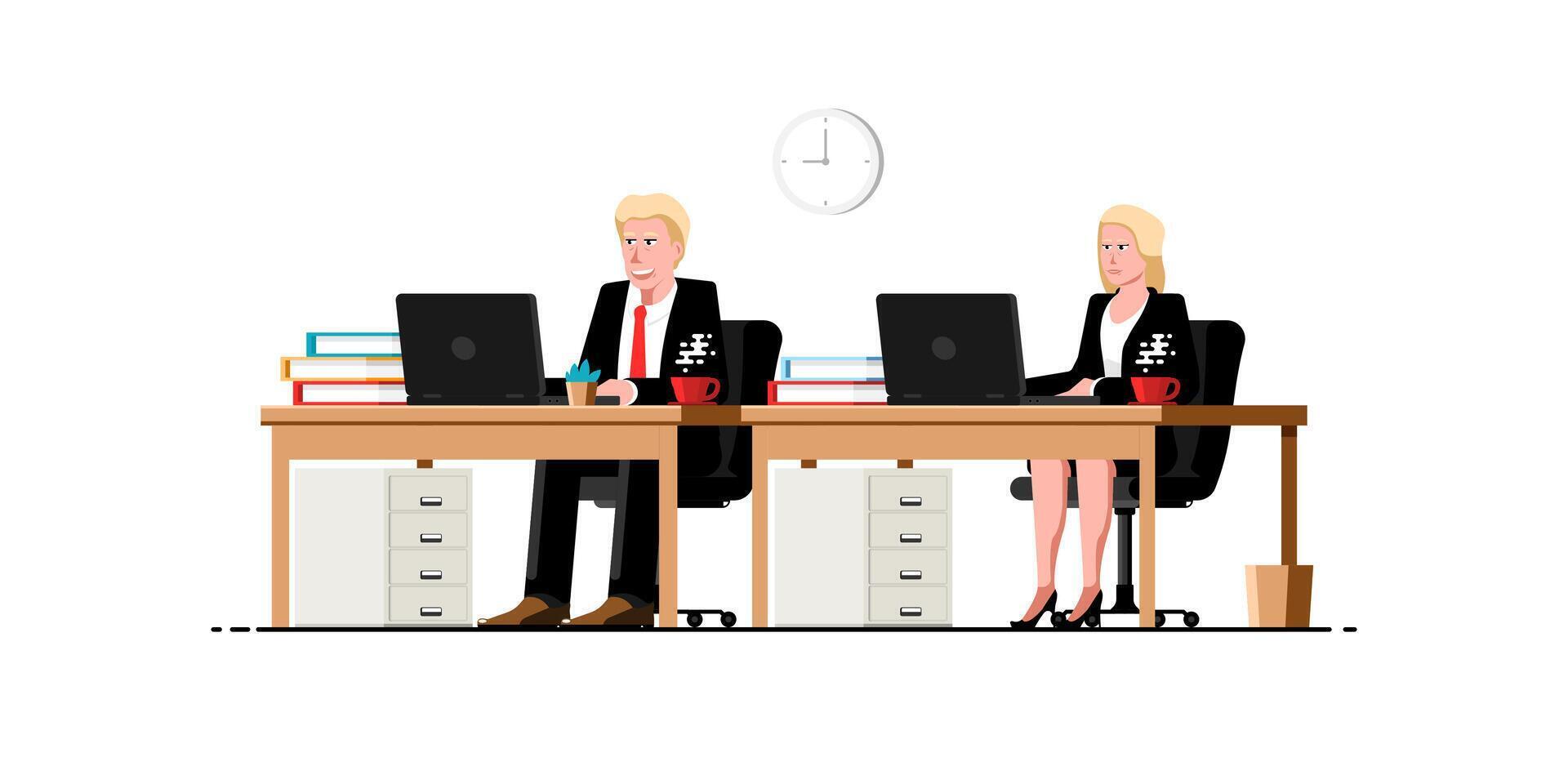 affärsman och affärskvinna arbetssätt i kontor rum på isolerat bakgrund, vektor illustration.