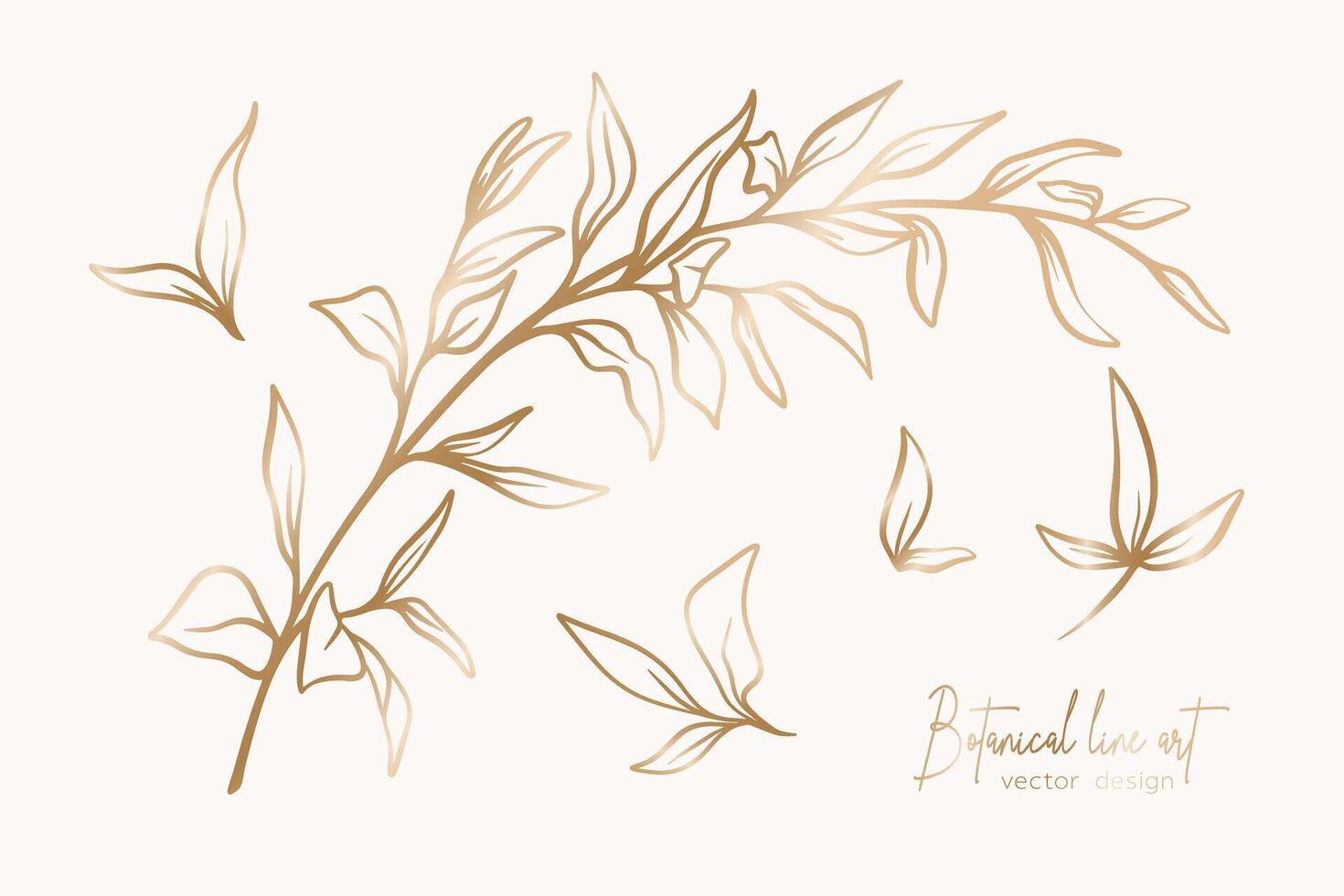 botanisch elegant Gold Linie Kunst Illustration von Blume Blätter Ast zum Hochzeit Einladung und Karten, Logo Design, Netz, Sozial Medien und Poster, Vorlage, Werbung, Schönheit und kosmetisch Industrie. vektor