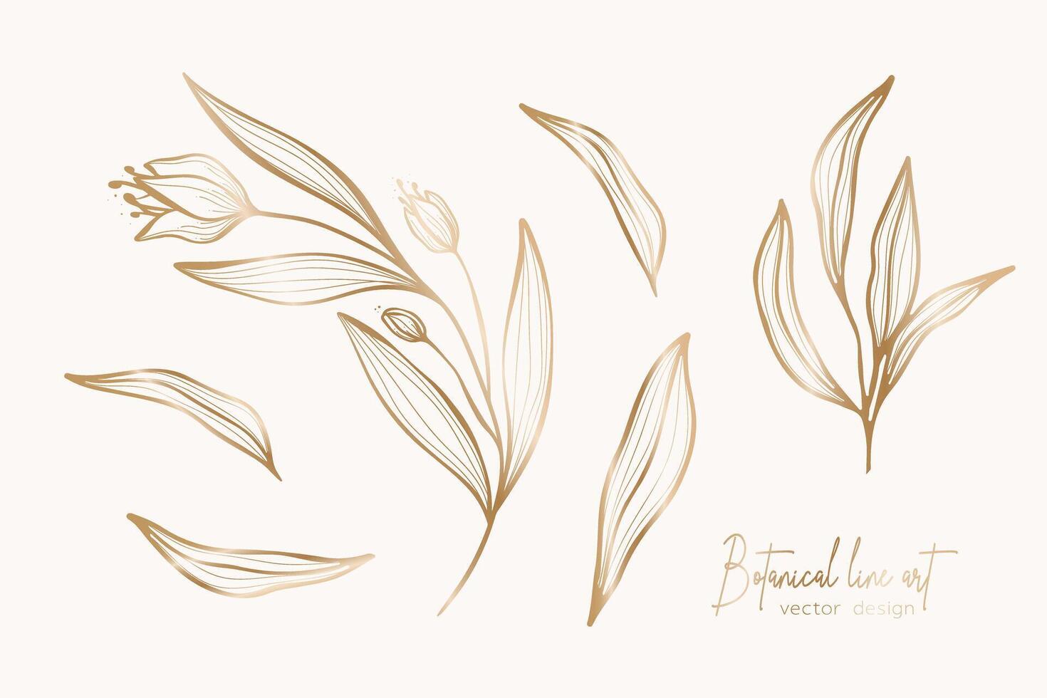 botanisch elegant Gold Linie Kunst Illustration von Blume Blätter Ast zum Hochzeit Einladung und Karten, Logo Design, Netz, Sozial Medien und Poster, Vorlage, Werbung, Schönheit und kosmetisch Industrie. vektor