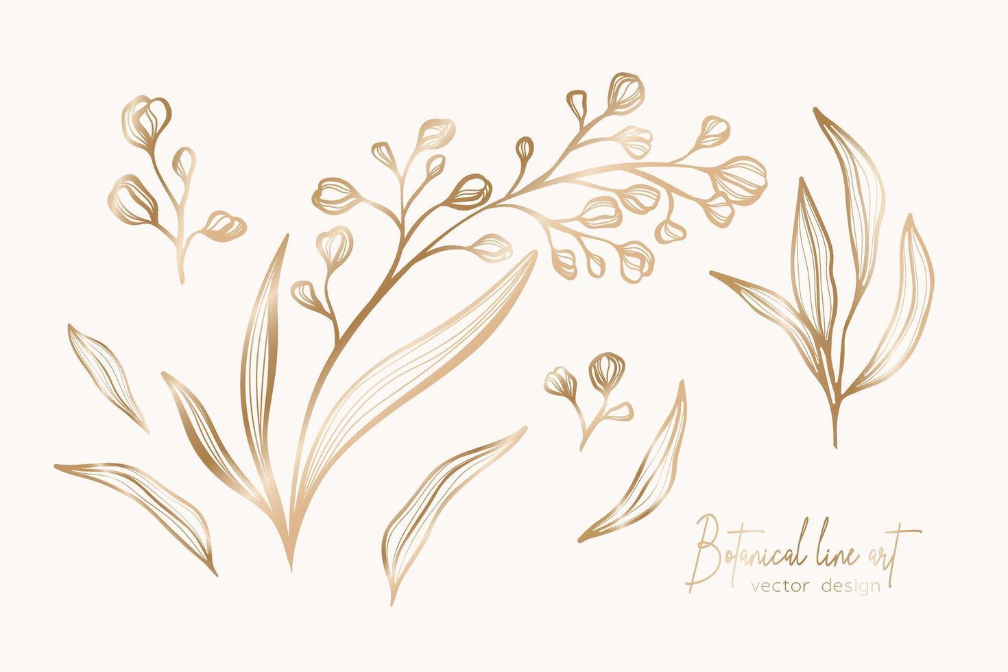 botanisch elegant Gold Linie Kunst Illustration von Blume Blätter Ast zum Hochzeit Einladung und Karten, Logo Design, Netz, Sozial Medien und Poster, Vorlage, Werbung, Schönheit und kosmetisch Industrie. vektor