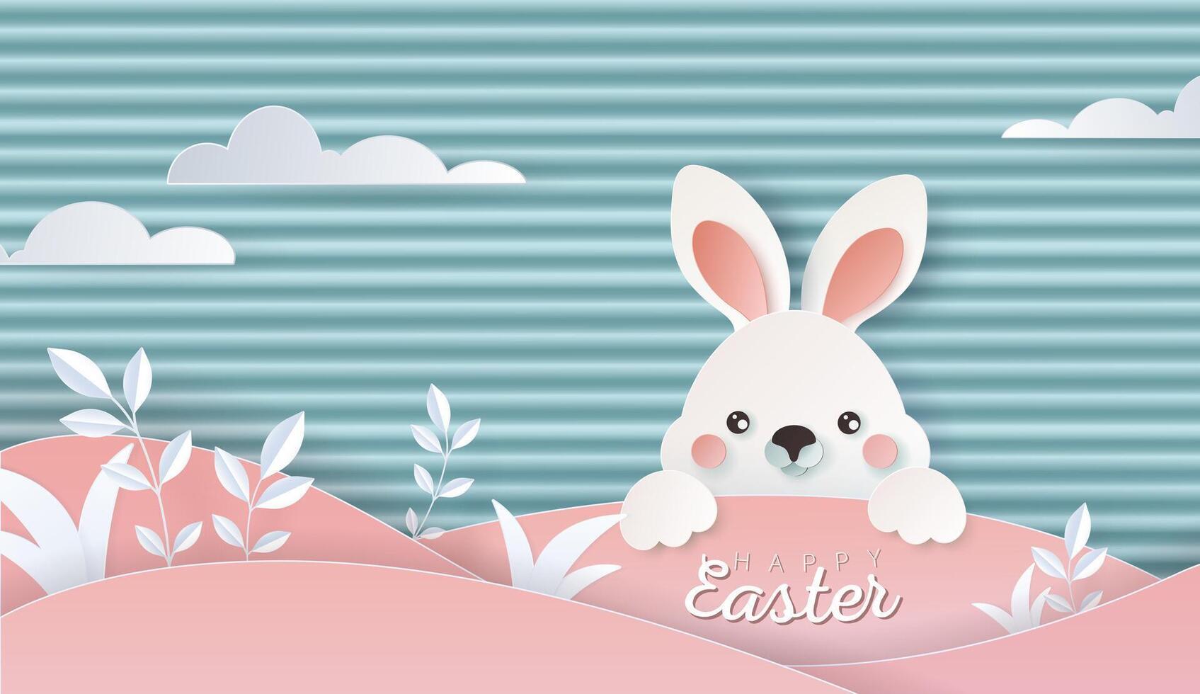 glücklich Ostern Tag Hintergrund oder Banner mit Papierschnitt Hase. schön Papier Schnitt östlichen Elemente. Vektor Illustration zum Verkauf, Produkt Anzeige, Ostern Festival Design, Präsentation, Gruß Karte.