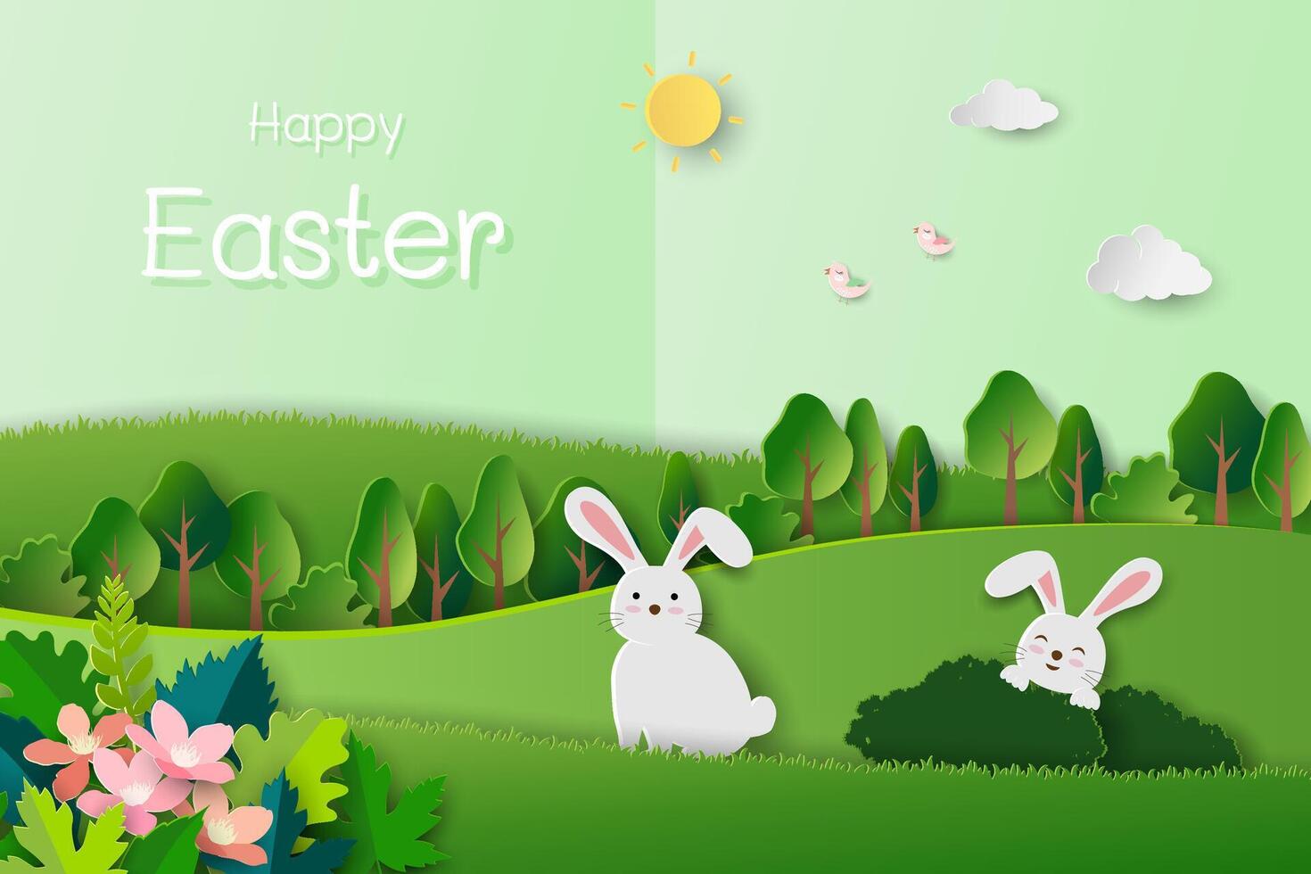 Lycklig påsk hälsning kort med söt kaniner i de trädgård på papper skära och hantverk stil vektor