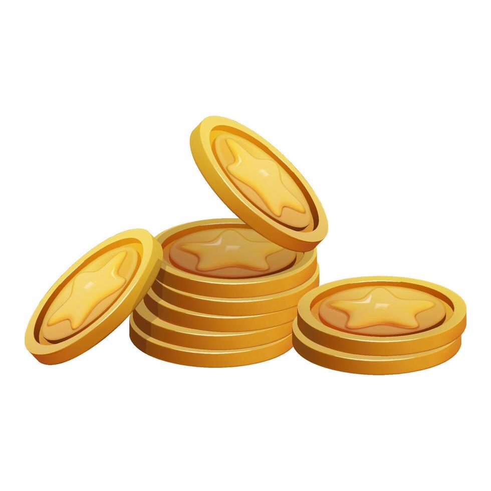 Spiel Münze Stapel 3d machen isoliert. Gold Geld auf Weiß Hintergrund. Münze mit Star zum Spiel Belohnung und Preis. Vektor 3d Illustration.