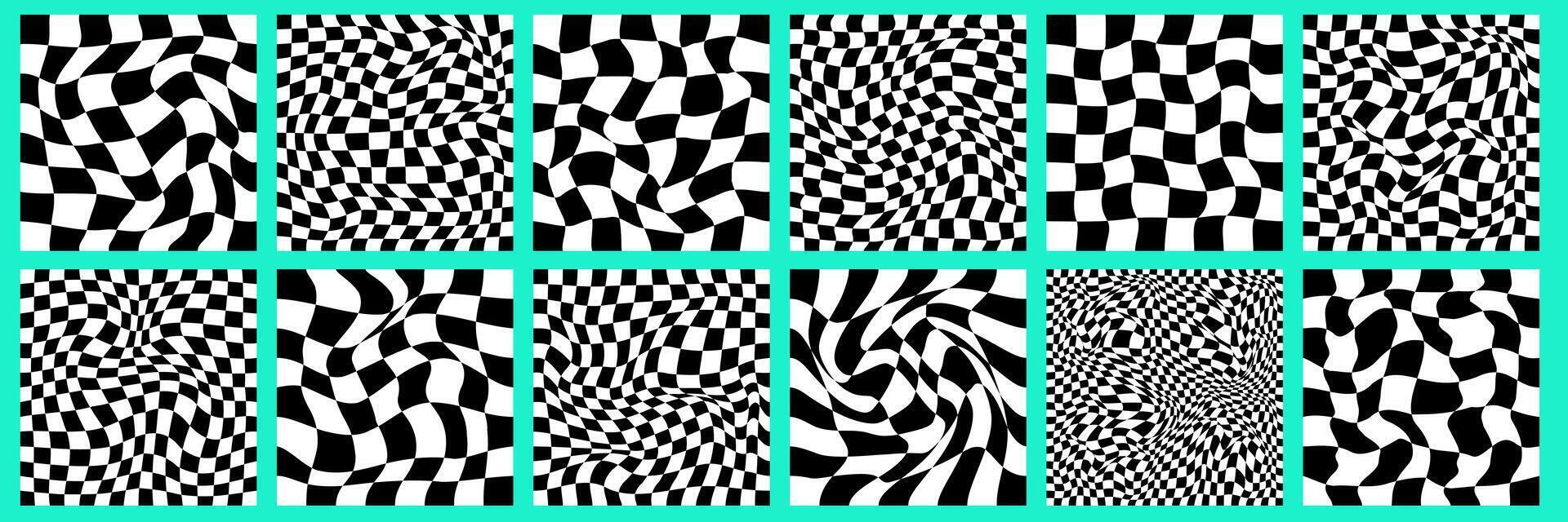 checkerboard psychedelic mönster uppsättning svart och vit. checkerboard bakgrund y2k retro rutnät. psychedelic textur vektor illustration.