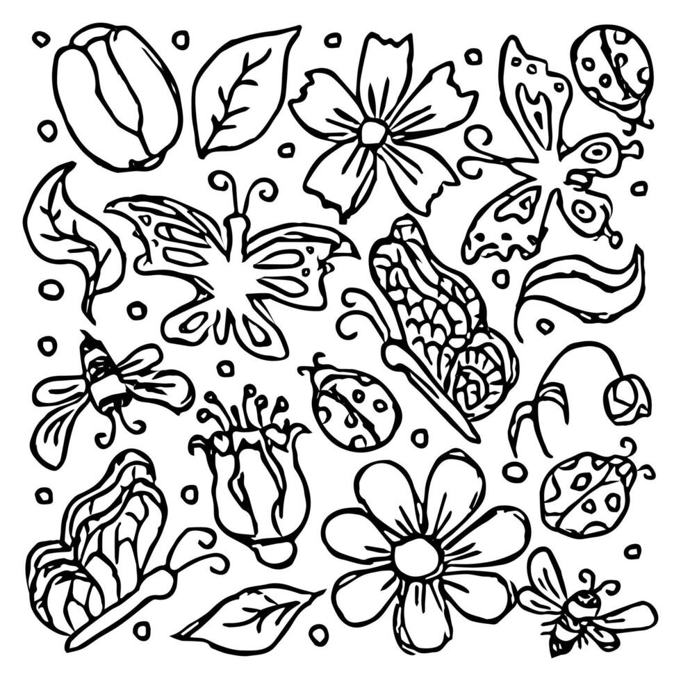 Frühling Blumen- Illustration mit Blumen, Schmetterlinge, Bienen und Marienkäfer. Gekritzel Blumen Hintergrund vektor
