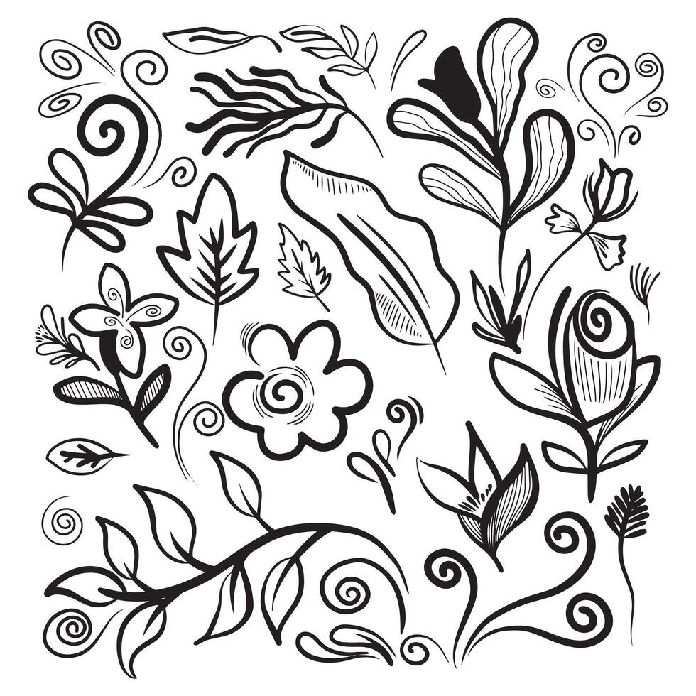 Hand gezeichnet Jahrgang Blumen- Elemente. wirbelt, Blätter, Geäst und Locken. Blume und Geäst Gekritzel vektor