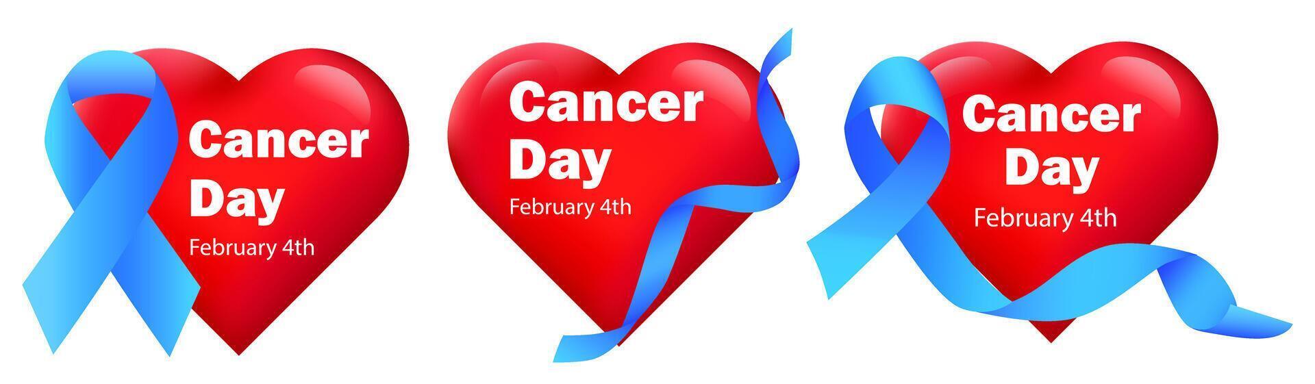 Tag von das Kampf gegen Krebs, Februar 4. einstellen von 3d Herzen mit realistisch Bänder. ein Zeichen von Unterstützung im das Kampf gegen das Krankheit. Vektor Illustration