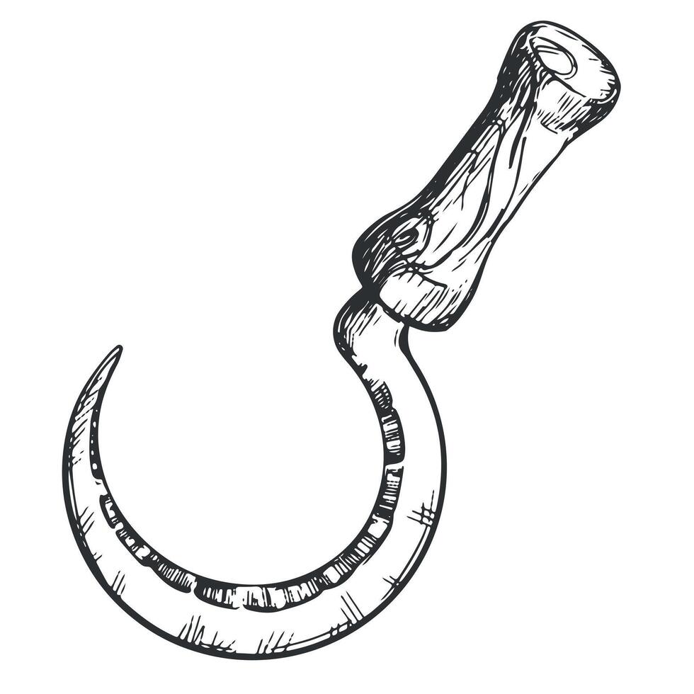 linear Tinte Zeichnung von Sichel Symbol. Vektor Sichel zum Schneiden Kraut Ernte im Jahrgang Gravur Technik isoliert auf Weiß Hintergrund. ein uralt ländlich Instrument.