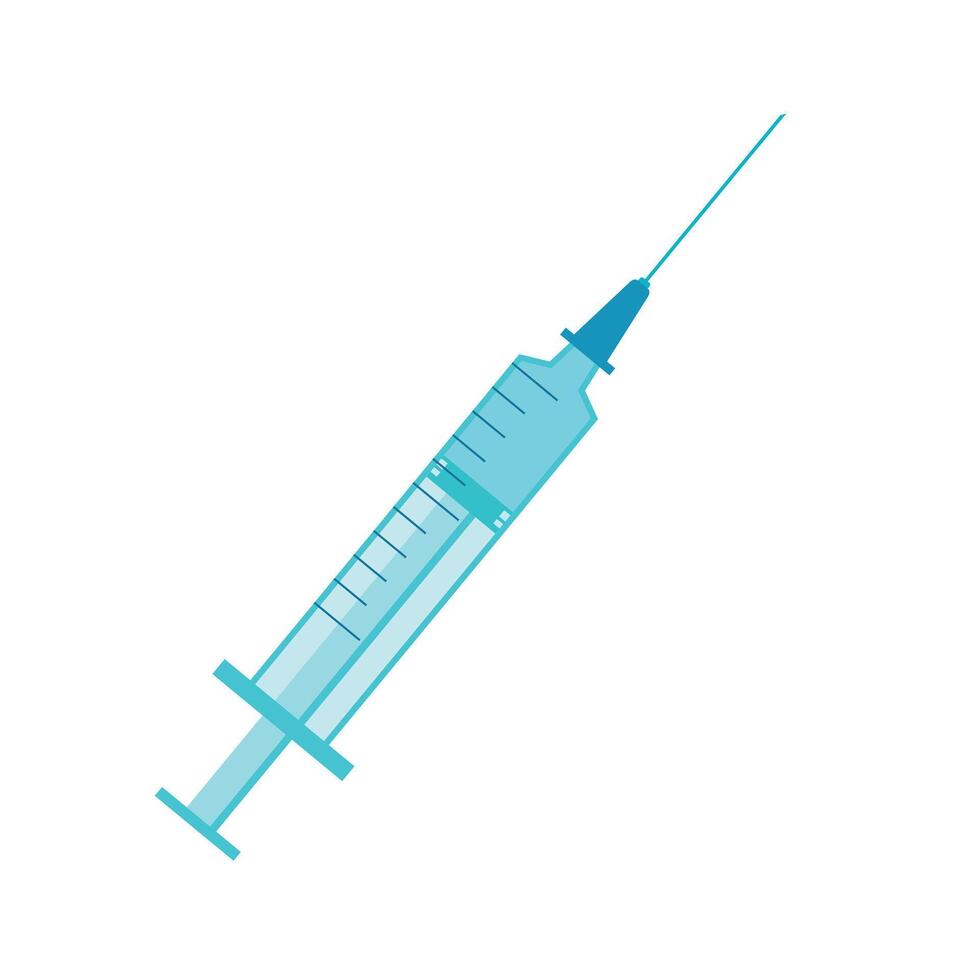 Vektor Farbe eben Design von medizinisch Plastik Spritze mit Blau Flüssigkeit und Eisen Nadel. Illustration von Krankenhaus Ausrüstung isoliert auf ein Weiß Hintergrund.