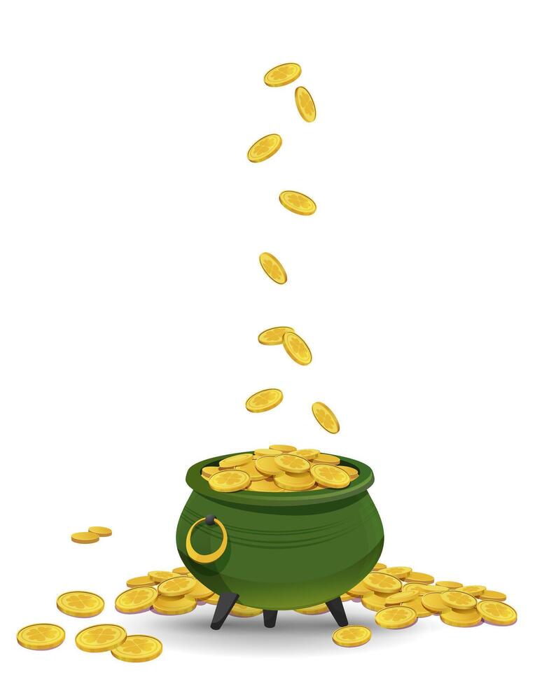 Gold Münzen fallen in das Topf, das Kobold Schatz. ein traditionell irisch Symbol von gut Glück. Vektor Element zum das st. Patrick's Tag Banner , März 17..