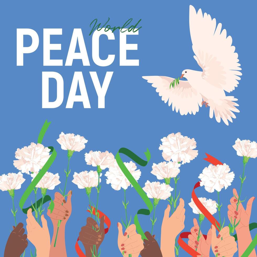 internationell dag av fred. vektor. solidaritet av de invånare av de jorden. vit duva med ett oliv gren på en vit bakgrund, Uppfostrad händer av annorlunda människors av de värld med vit blommor vektor