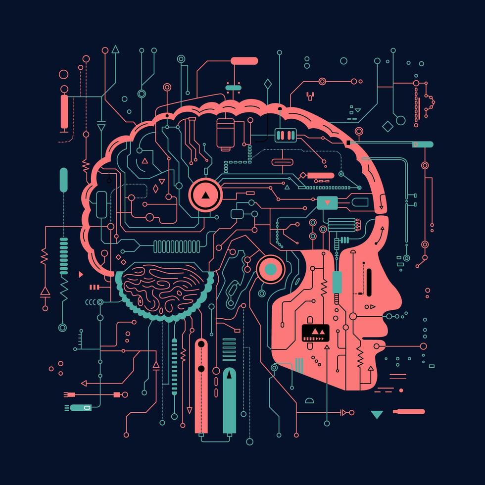 Konzept von künstlich Intelligenz ai und groß Daten. elektronisch Digital Gehirn, Schaltkreis und Mensch Kopf Gliederung im eben Stil auf ein dunkel Hintergrund. vektor